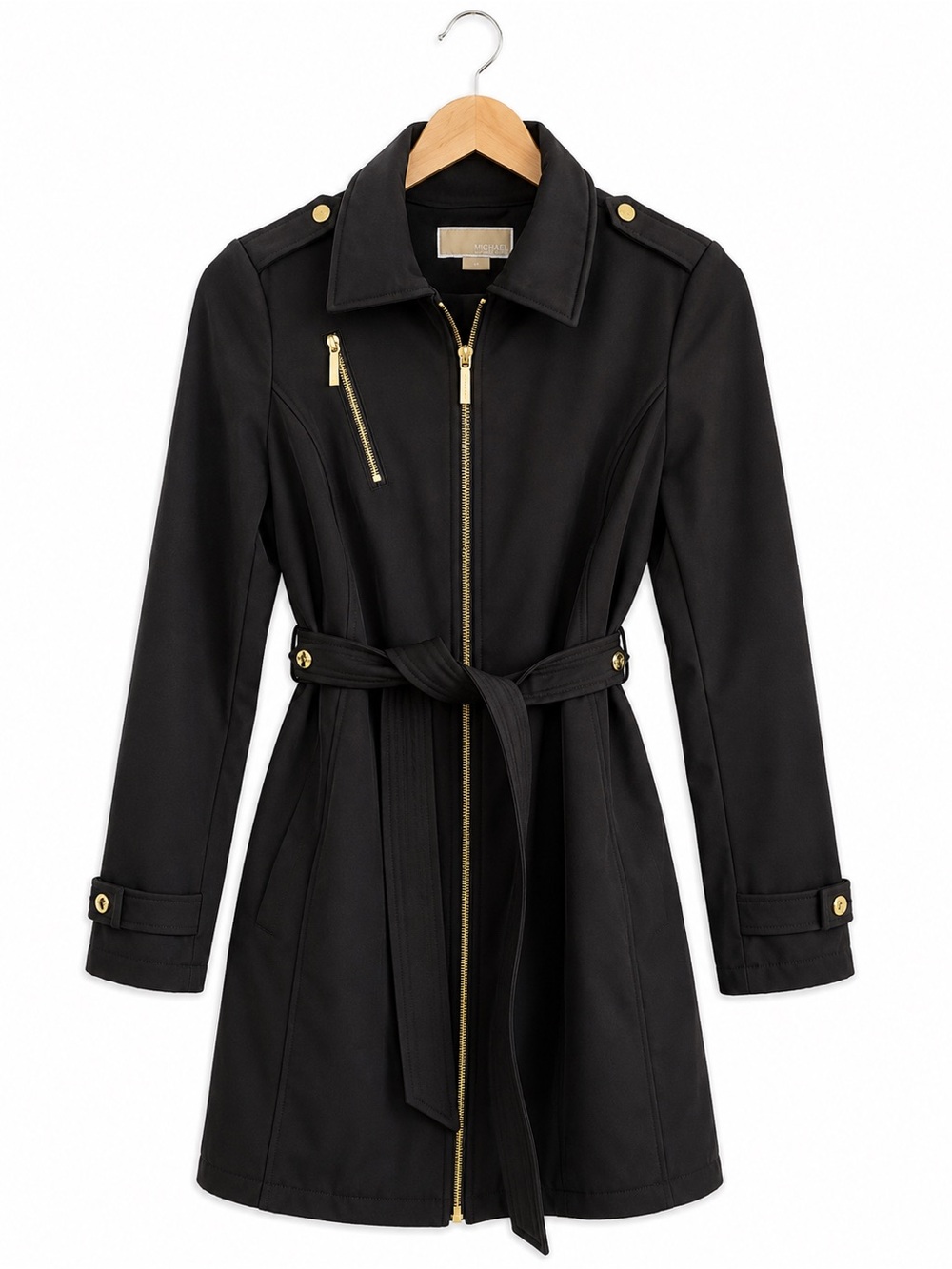 Michael Kors Fleece Lined Belted Softshell Trench Coat Black Gold Size S